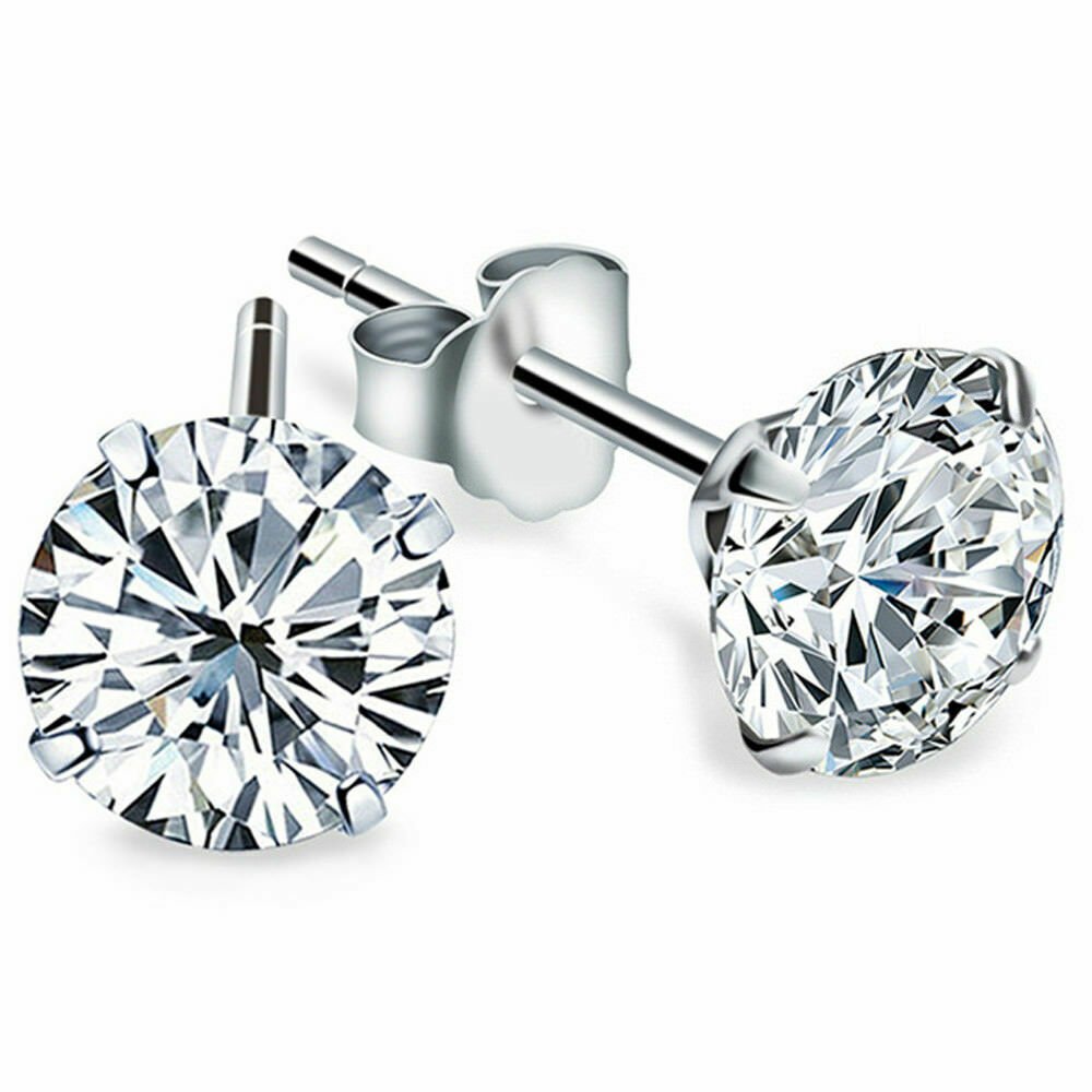 14K WG 5MM Cubic Zirconia Round  4 Kids Women & Men Stud Push Back Earrings