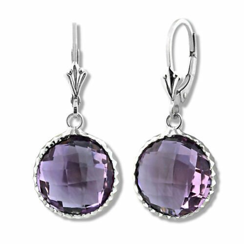 14K WG 925 Silver Natural Amethyst Dangling Round Drop Earrings Leverback