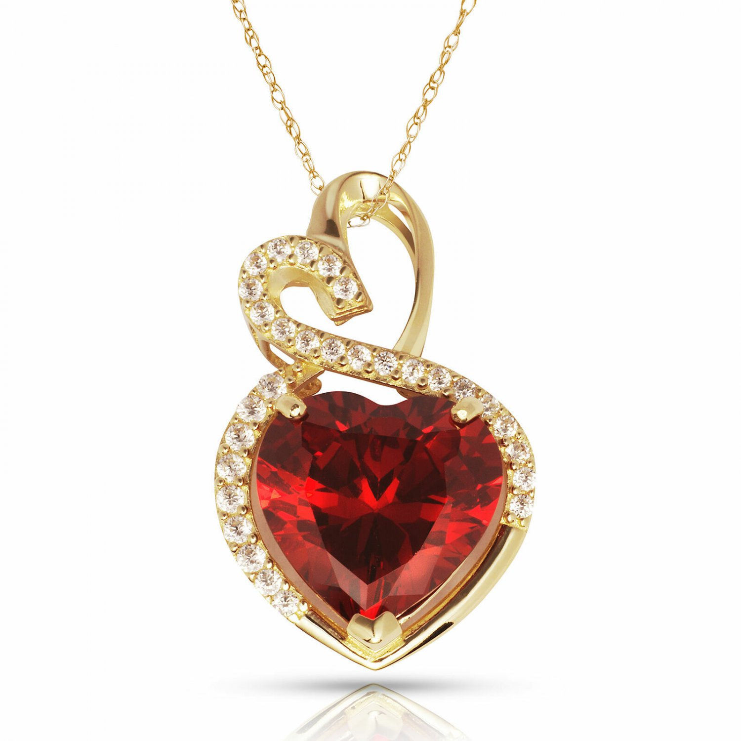14K Yellow Gold 4.20CT Halo Garnet Double Heart Gemstone Pendant & Necklace