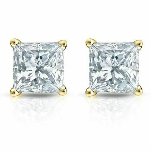 14K YellowGold 0.75CT Princess Cut Genuine F/SI1 Diamond SCREWBACK Stud Earrings