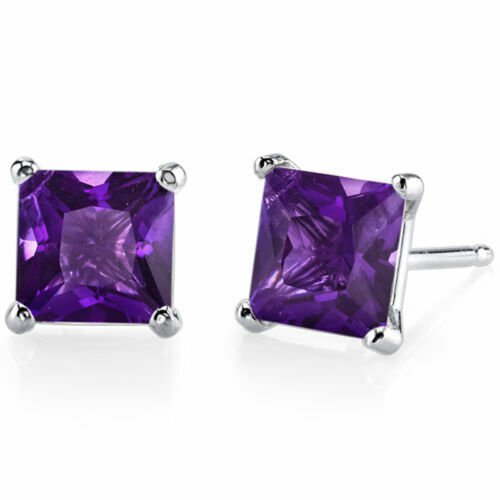 14K White Gold Princess Cut Amethyst Gemstone Stud Earrings