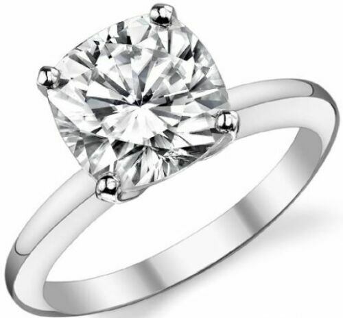 14K White Gold 2.50CT Forever One Cushion Cut Moissanite 4-Prong Solitaire Ring