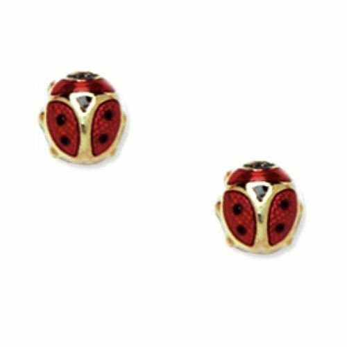 14K Solid Yellow Gold Ladybug Enamel Stud Earrings Screw Back ER-S442