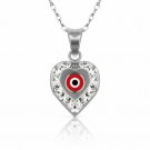 14K White Gold 16" Red Evil Eye Greek Charm Kabbalah Pendant Necklace w/Chain