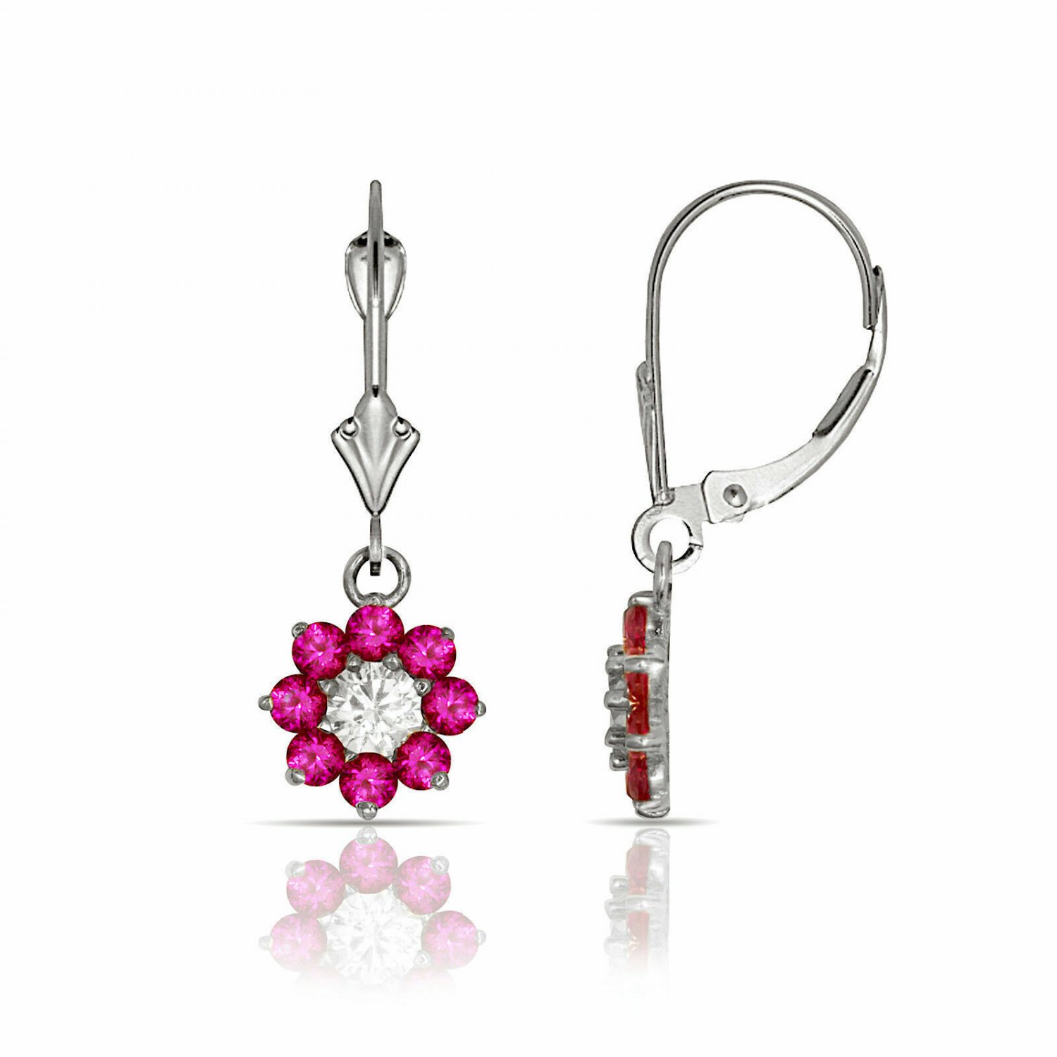 14K White Gold 1 CT White Sapphire & Ruby Flower Dangle Lever Back Earrings
