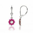 14K White Gold 1 CT White Sapphire & Ruby Flower Dangle Lever Back Earrings