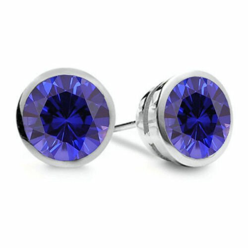 14K Solid White Gold 2.39CT Women's Stylish  Bezel Round Blue Sapphire Earrings