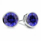 14K Solid White Gold 2.39CT Women's Stylish  Bezel Round Blue Sapphire Earrings