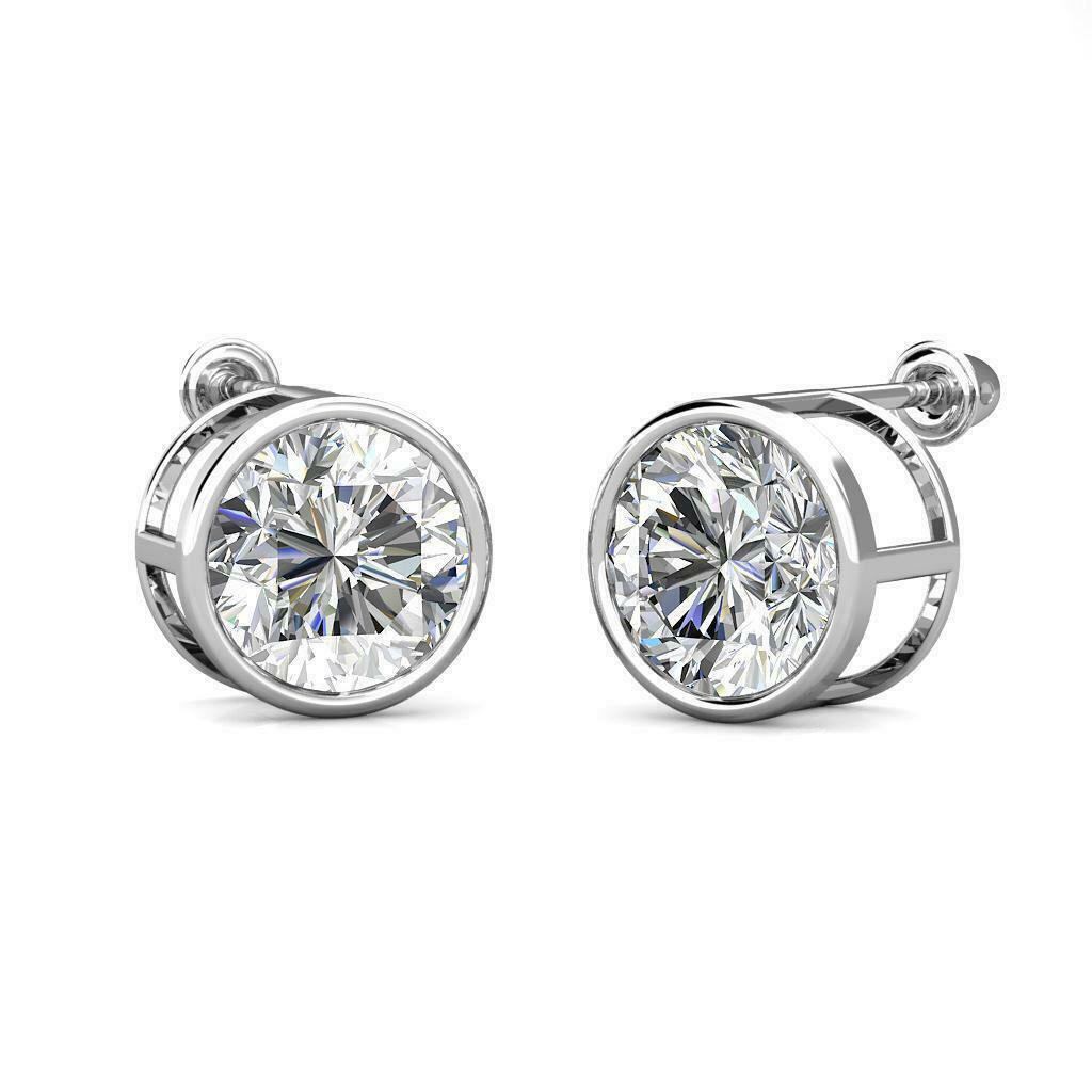 14K White Gold 6MM 2CT Created Diamond Bezel Round Screw Back Stud Earrings