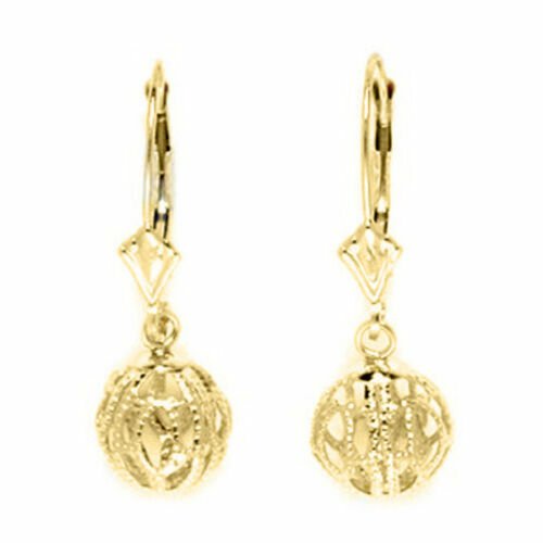 14K YG Women's Unique Lever Back Dangling With Drop Diamond Cut Ball Earrings