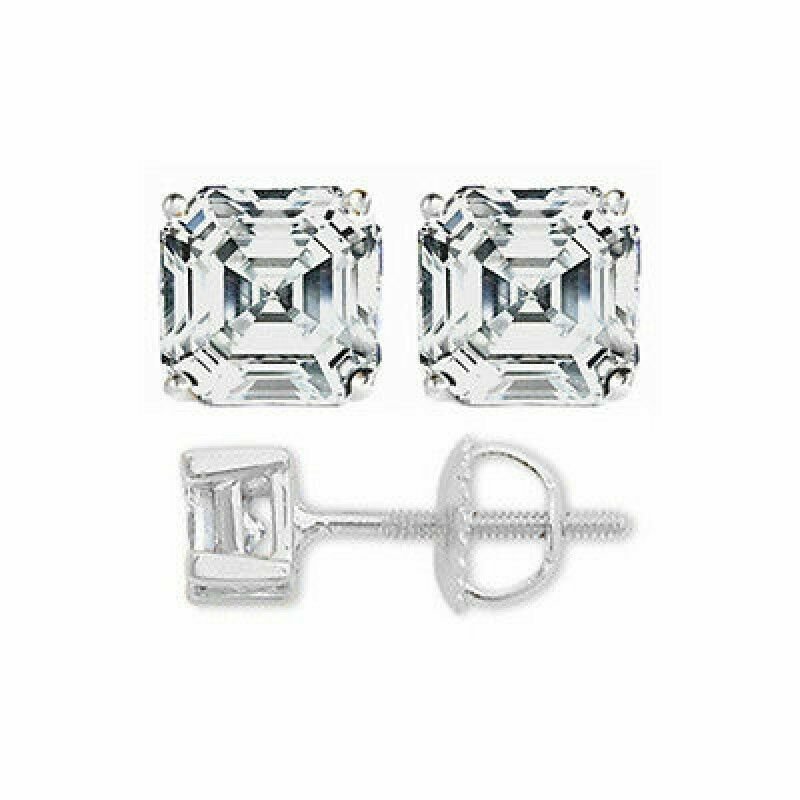 18K White Gold 1CT Asscher Cut  Real  Brilliant Screw Back Stud Earrings