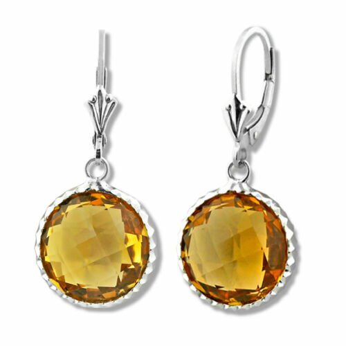 14K WG Women's Fancy  Covered Natural Round Citrine Dangling Leverback Earrings