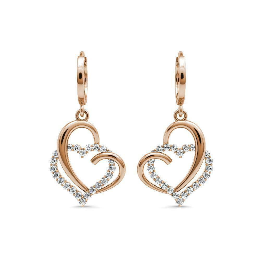 14K Solid Rose Gold 1.20CT Diamond Open Heart Dangle Huggie Hoop Earrings