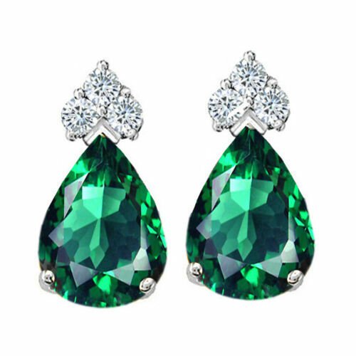 925 Sterling Silver 2.39CT Women's Unique Pear Shape Emerald Stud Earrings