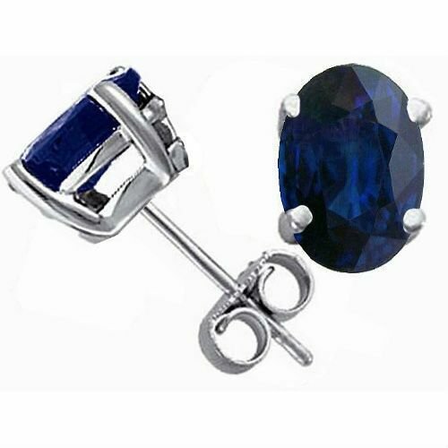 14K WHITE GOLD 2.00 CT. 7X5MM BLUE SAPPHIRE OVAL SHAPE PUSH STUD EARRINGS