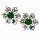 925 WHITE SILVER 1.00 CARAT FLOWER EMERALD/WHITE SAPPHIRE SCREW BACK EARRINGS