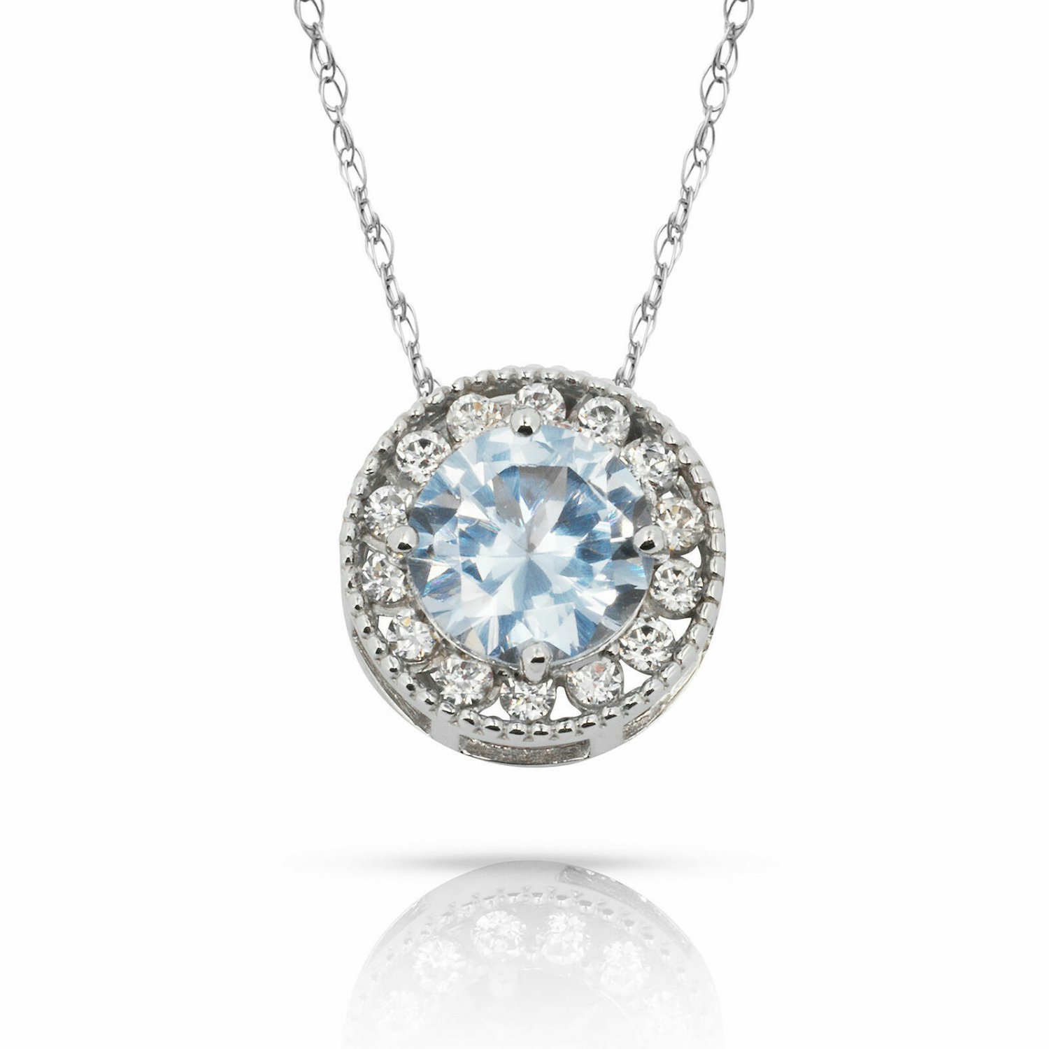 14K W Gold 1.90CT 16"  White Sapphire & Aquamarine  Halo Charm Pendant w/Chain