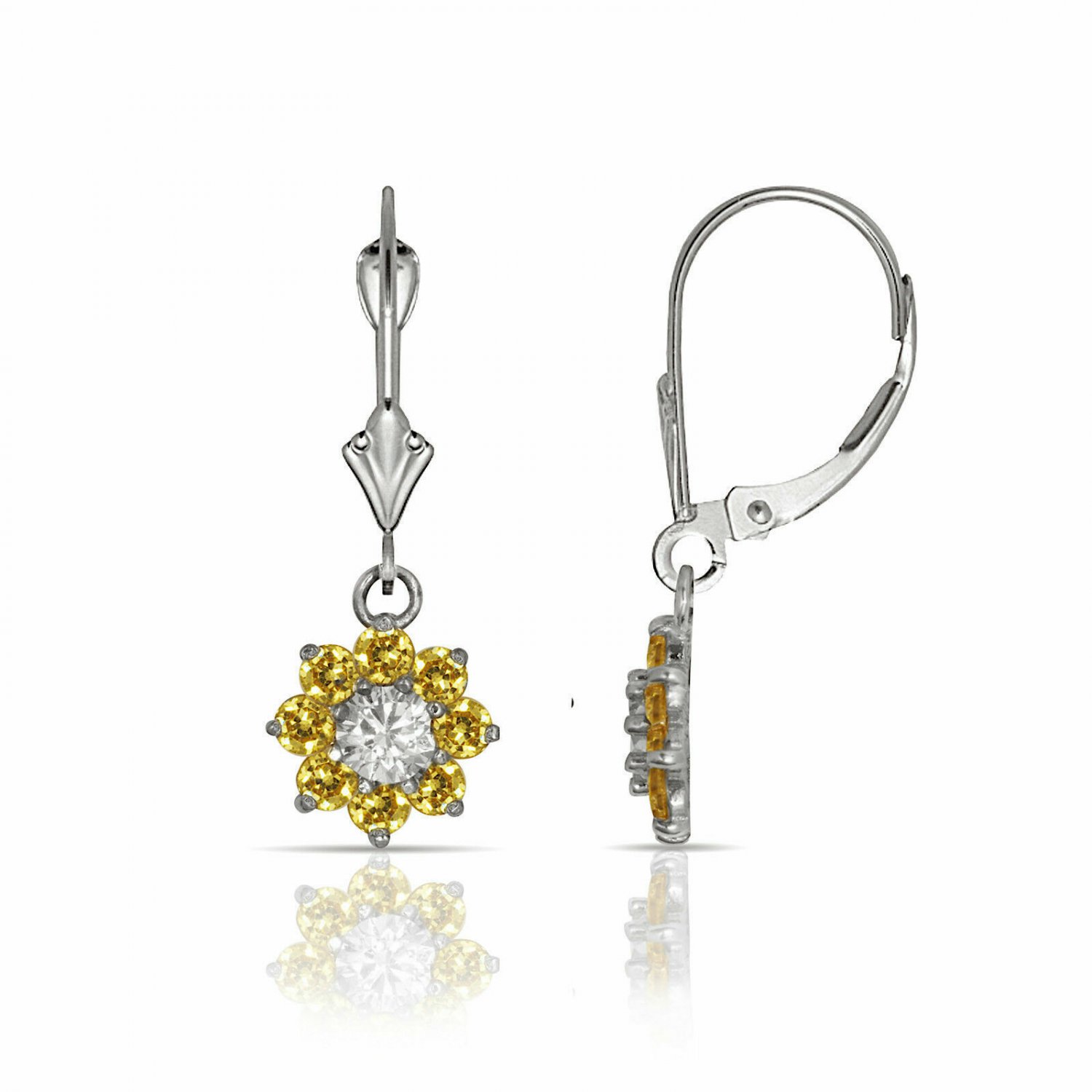 14K W Gold1CT White Sapphire & Citrine Flower Cluster Dangle Leverback Earrings
