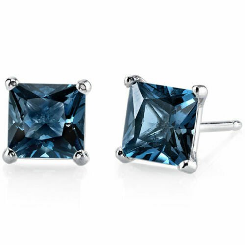 14K White Gold Princess Cut London Blue Topaz Gemstone Stud Earrings