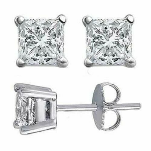 Solid 18K White Gold 4.00CT Brilliant Princess Cut Push Back Stud Earrings