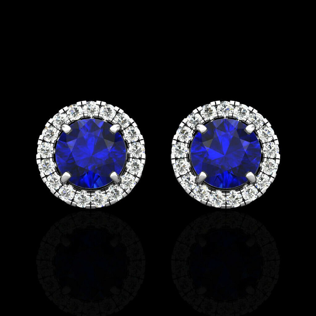 2.00CT Halo Created Sapphire Blue Diamond Stud Round Earrings 14k White Gold