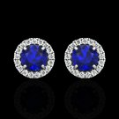 2.00CT Halo Created Sapphire Blue Diamond Stud Round Earrings 14k White Gold