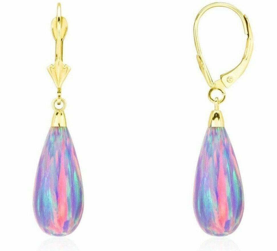 14K Yellow Gold 1.1" Tear Drop Shaped Purple Fire Opal Lever Back Dangle Earring