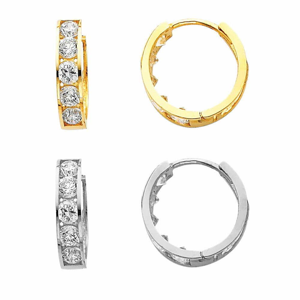 14K Solid YELLOW Gold 10MM  CZ Cubic Zirconia Huggie Hoop Earrings