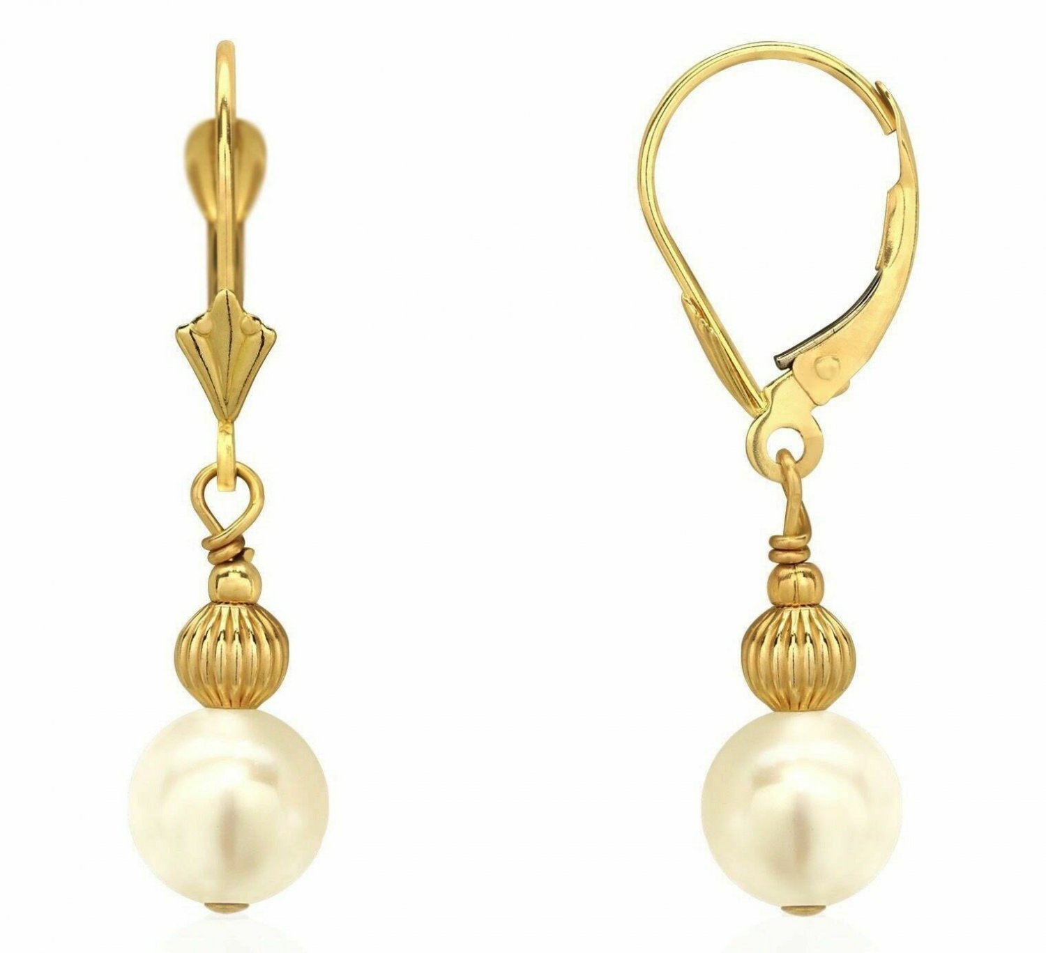 14K Yellow Gold 7MM Freshwater Pearl Dangle Lever Back Earrings