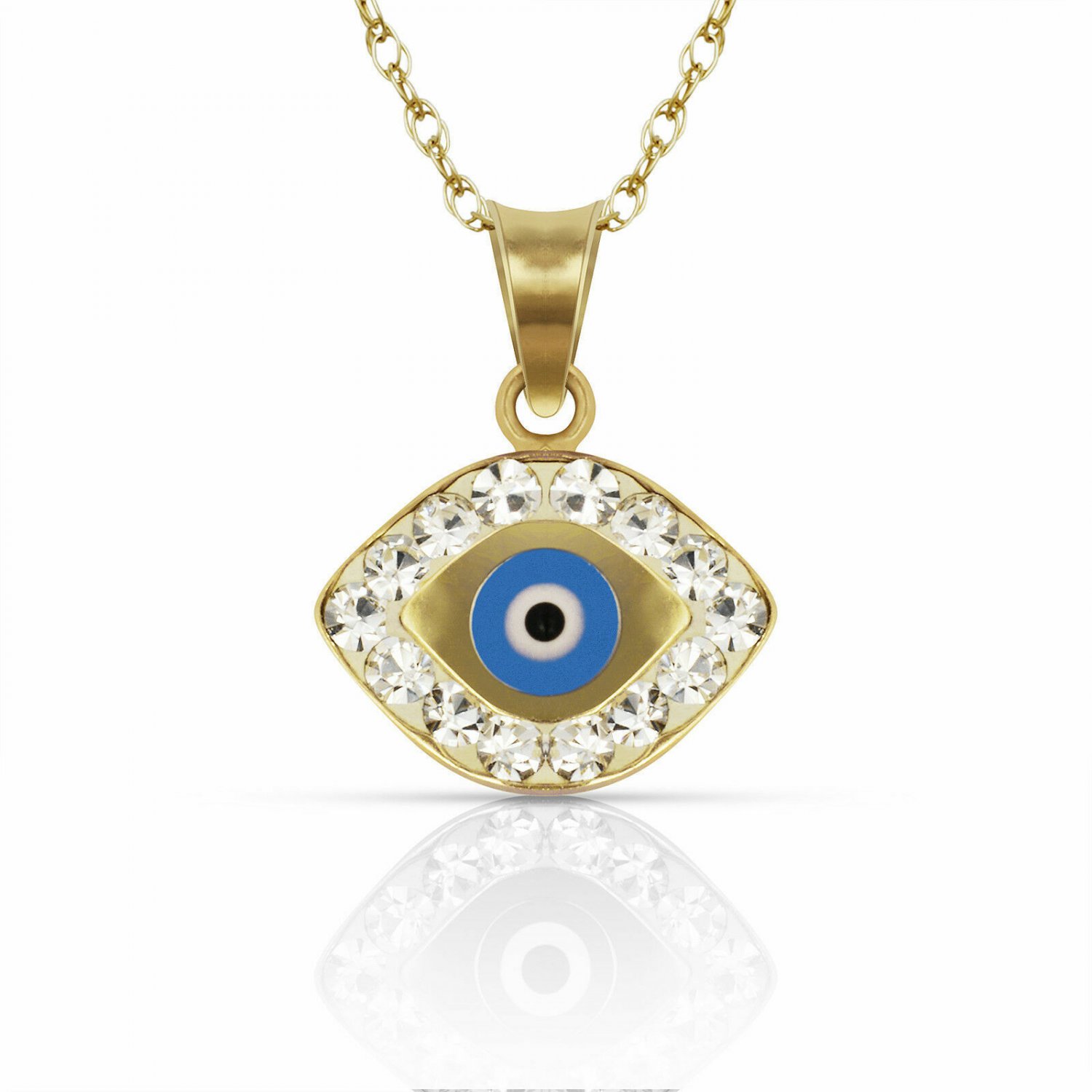 14K Yellow Gold 22" Blue Evil Eye Greek Charm Kabbalah Pendant Necklace w/Chain