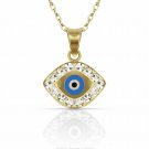 14K Yellow Gold 22" Blue Evil Eye Greek Charm Kabbalah Pendant Necklace w/Chain
