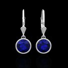 14k Solid White Gold 2.00CT Blue Sapphire Bezel Lever-back Round Cut Earrings