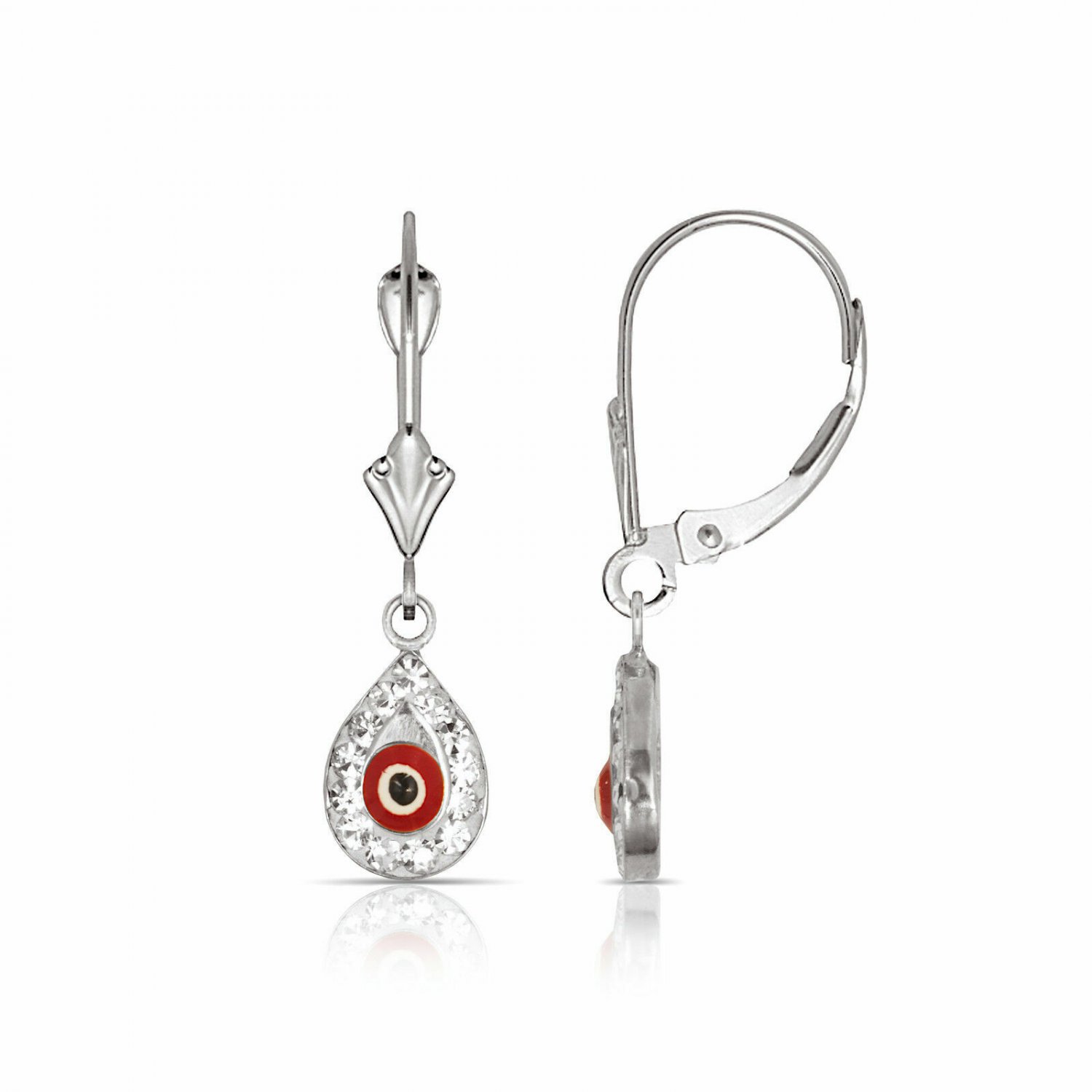 14K White Gold Red Evil Eye Turkish Nazar Greek Hamsa Dangling Drop Earrings