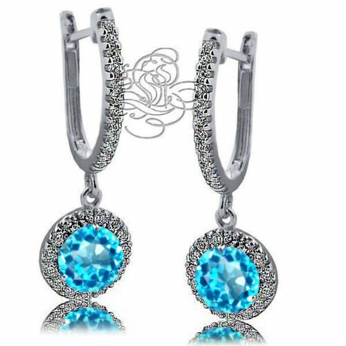 14K WG Plated 2.89CT 925 Silver Fancy Halo Drop Blue Topaz Leverback Earrings