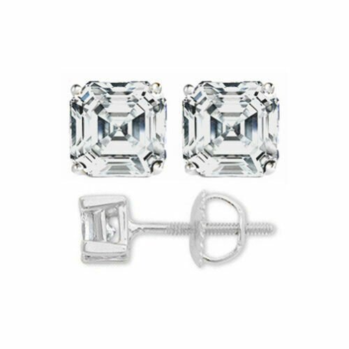 14K WHITE GOLD  2.50 CARAT SCREW BACK WHITE SAPPHIRE ASSCHER CUT STUD EARRINGS