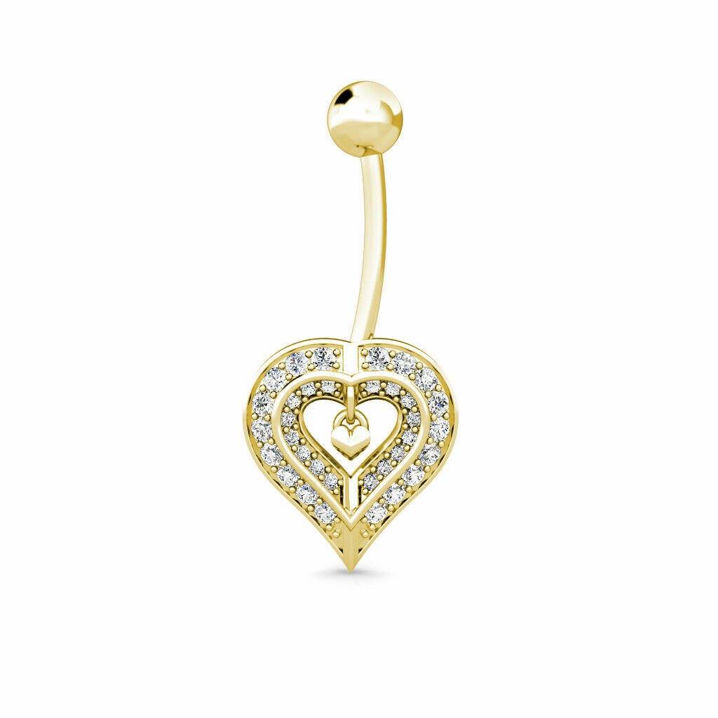 14K YELLOW GOLD 0.40 CT Created Diamond Two Hearts Navel Belly Button Ring