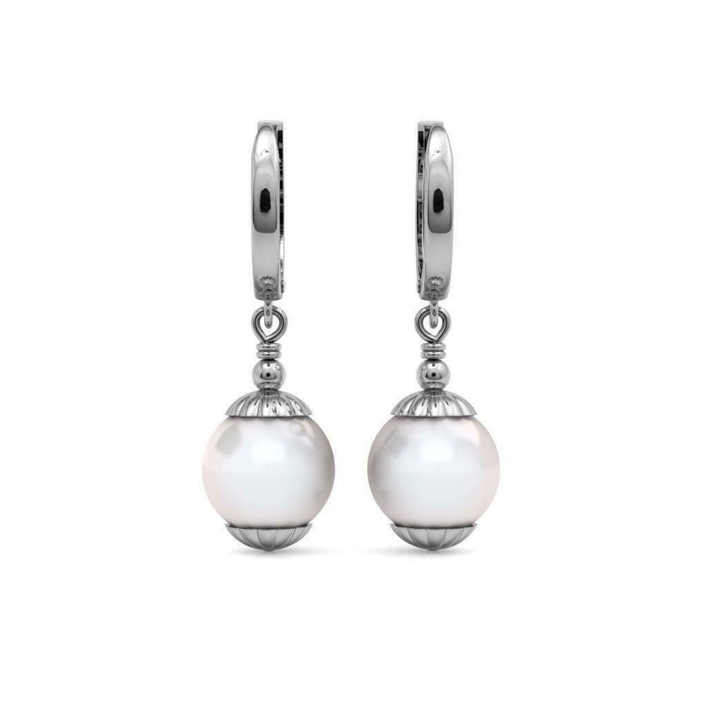 14K Solid White Gold Freshwater Pearl Huggie Hoop Dangle Earrings