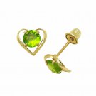 Baby Girl Round Peridot Heart Shape Stud Earrings Screw Back 14K Yellow Gold