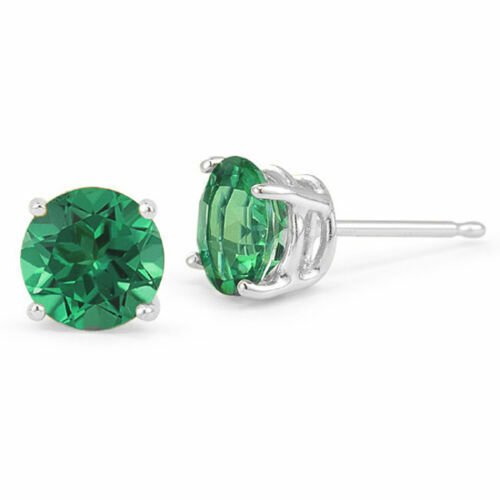 14K  WHITE GOLD 5MM 1.00CT GREEN EMERALD ROUND SHAPE STUD  PUSH BACK EARRINGS