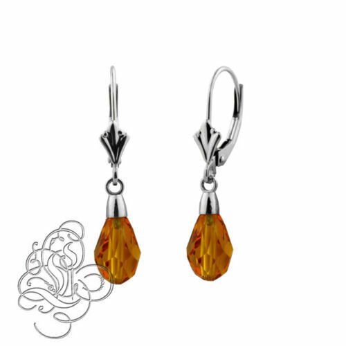 14K White Gold 9x6MM Fire Opal Crystal Pear Drop Lever Back Earrings