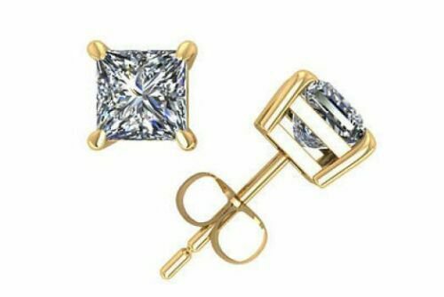 14K YG 1.00CT Princess Cut Genuine H/SI2 Diamonds SCREWBACK Stud Earrings