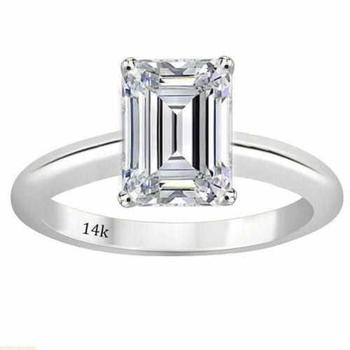 14K White Gold 2 CARAT Emerald Cut Solitaire Engagement Wedding Ring simulated