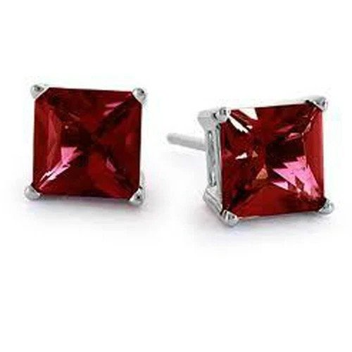 1.00 CARAT 4mm 14K SOLID WHITE GOLD PRINCESS CUT RUBY STUD PUSH BACK EARRINGS