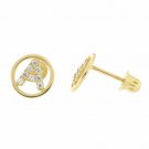 14K Yellow Gold Letter "A" Initial Round Child  Screw Back Stud Earngs simulated