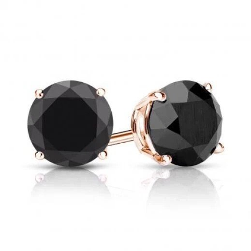 4CT Black Round Brilliant Solid 18K Rose Gold Screwback Stud Earrings