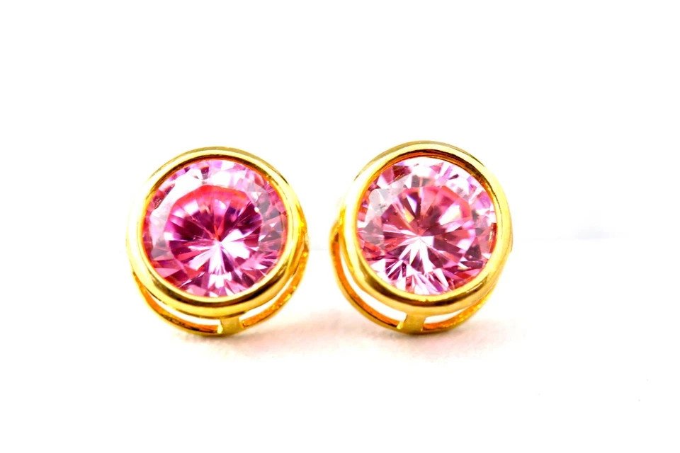 1.30 CARAT 14K SOLID BEZEL YELLOW GOLD ROUND ROSE SAPPHIRE STUD EARRINGS