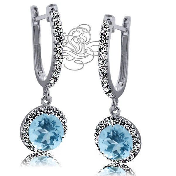 2.89 CT HALO DROP AQUAMARINE LEVERBACK EARRINGS 14K WG PLATED OVER SILVER