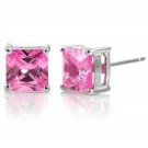3.60 CT 7mm WOMEN 14K WHITE GOLD PRINCESS CUT PINK SAPPHIRE STUD EARRINGS