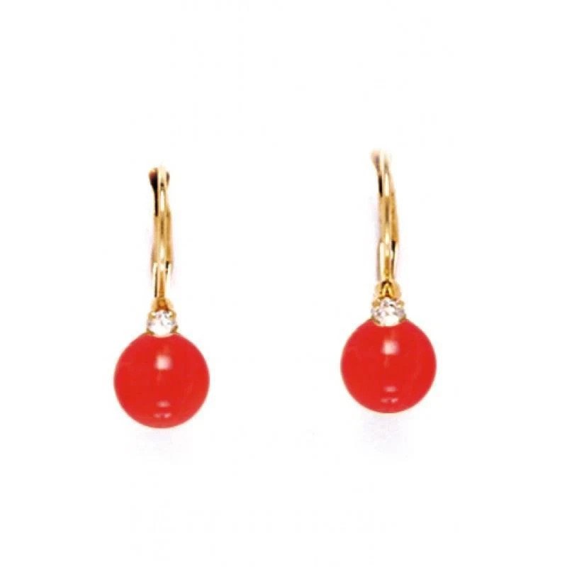 Women's Stylish 14K Solid Yellow Gold Red Coral Dangle Ball Leverback Earrings