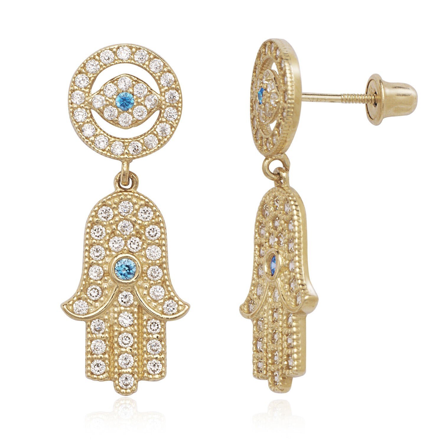 14K Yellow Gold White Sapphire Blue Topaz Jewish Hamsa Hand Evil Eye Screw Back